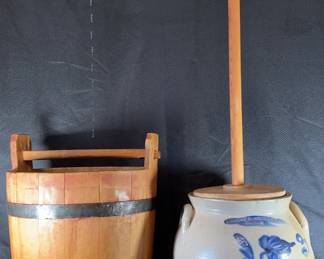 Stoneware Butter Churn Thomas D. Crollar Vintage Wood Bucket 