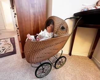 Collectables by Phyllis Parkins Doll, Circa Early 1900s Wicker Doll Baby Carriage, Bearington Collection Teddy Bear
