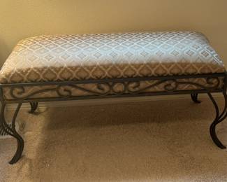Wrought Iron Bench with Padded and Upholstered Seat
