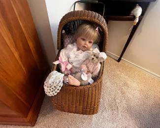 Collectables by Phyllis Parkins Doll, Circa Early 1900s Wicker Doll Baby Carriage, Bearington Collection Teddy Bear