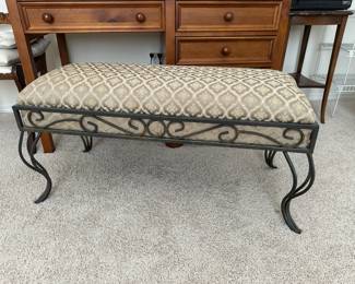 Wrought Iron Bench with Padded and Upholstered Seat
