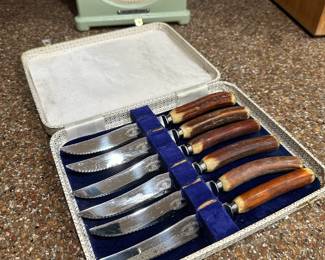 Set of 6 Atkinson Bros Steak Knives with Faux Antler Handles