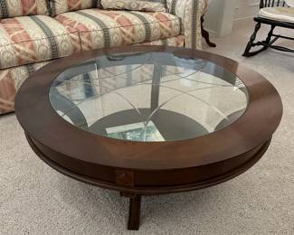 Round Glass Top Coffee Table with Etched Geometric Pattern