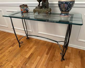 Glass Top Console Table with Scrolled Metal Base