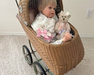 Collectables by Phyllis Parkins Doll, Circa Early 1900s Wicker Doll Baby Carriage, Bearington Collection Teddy Bear
