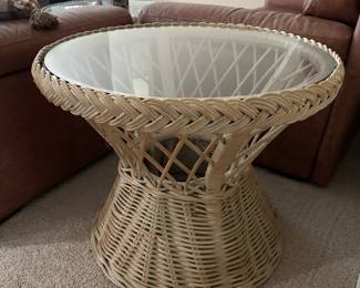 Round Wicker Side Table with Glass Top