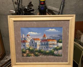 Framed & Matted Mediterranean Village Painting - Signed by Artist