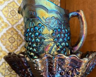  Grape Carnival Glass pitcher and Bowl Set