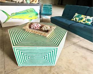 Hexagonal coffee table with geometric pattern