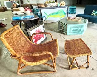 MCM rattan arm chair and footstool