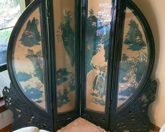 Chinese Black Lacquered 4-Panel Room Divider