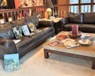 Brown Leather Couch & Love Seat, Square Stone Top Coffee Table