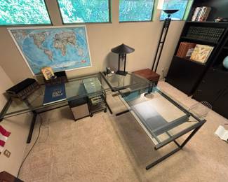 Metal L-Shape Office Desk with Glass Top