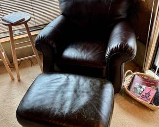 Brown Leather Oversized Arm Chair and Ottoman