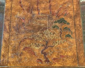 Asian-Inspired Burl Wood Coffee Table with Glass Insets and Landscape Scene