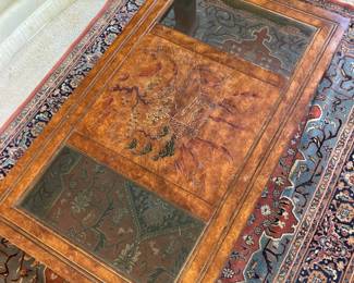 Asian-Inspired Burl Wood Coffee Table with Glass Insets and Landscape Scene