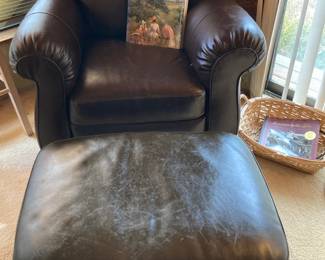 Brown Leather Oversized Arm Chair and Ottoman