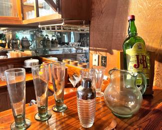 Set of 3 Green Tint Pilsner Glasses, Glass & Stainless Steel Beehive Style Cocktail Shaker, Blown Glass Pitcher