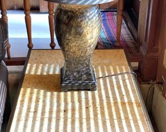 Stone Top End Table, Pair of Etched Copper Tone Table Lamps