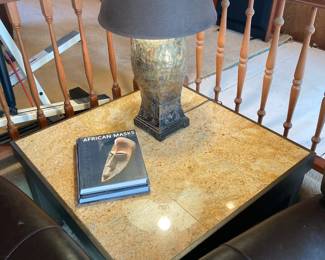 Stone Top End Table, Pair of Etched Copper Tone Table Lamps