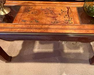 Asian-Inspired Burl Console Table with Glass Insets and Landscape Scene