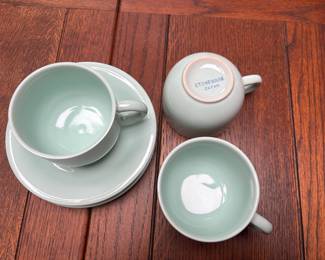 Celadon Green Japanese Stoneware Teacup & Saucers