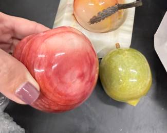 Stone Fruit Sculpture Set on Marble Base - $50