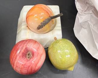 Stone Fruit Sculpture Set on Marble Base - $50