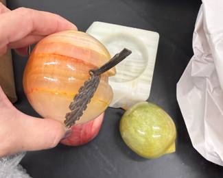 Stone Fruit Sculpture Set on Marble Base - $50