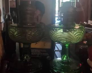 2 green vintage matching oil lamps