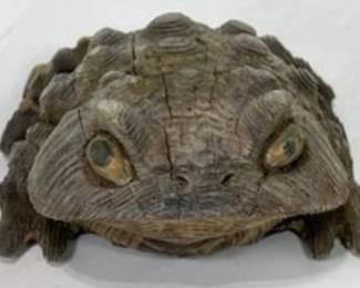 Two carved wood and one pottery bullfrog 