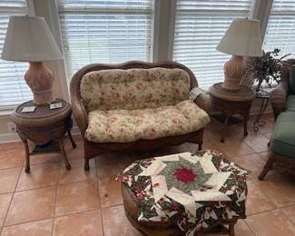 Gorgeous 8pc Wicker/Rattan Sunroom/Living Room Set featuring Loveseat with Cushions, 2 Chairs with Cushions, 1 Cocktail Table, 1 Cushioned Chaise Lounge, 2 End Tables and 1 Custom stool. This set is absolutely Beautiful and looks and feels like Brand New! Looking for a Quality Set? You just found it!