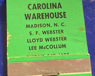 Old Carolina Tobacco Warehouse Ad Matchbook Madison, N.C.