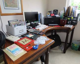 Offfice supplies, greeting cards, desk accessories, HP computer, U shaped horse shoe desk, TUMI computer bag.