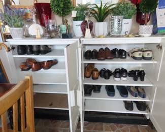 Storage cabinets, faux plants, topiaries, folding chairs, shoes. trays and baskets.