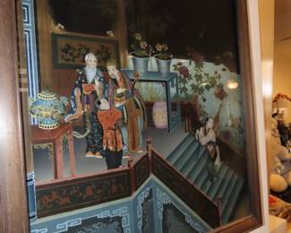 Reversed painted glass, Asian scene.