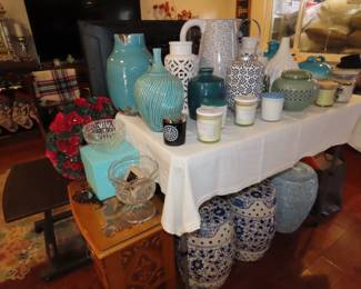 New candles, jugs, vases, urns and ginger jar. Tiffany crystal bowl new in box.