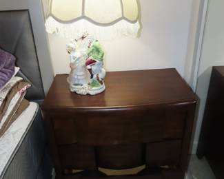 Two of two matching three drawer nightstands. Two matching Victorian figurines table lamps.