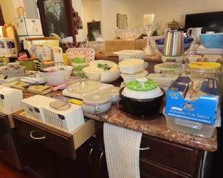 Napkins, Pyrex, Visionware, Snap and seal glass storage. Trays, plastic ware, rice bowls, decorative plates and serving dishes.