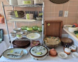 Sysco soup bowls (new), hand painted Mexican pottery, wood galley tray, CCGA dishes, vintage green cabbage glasses