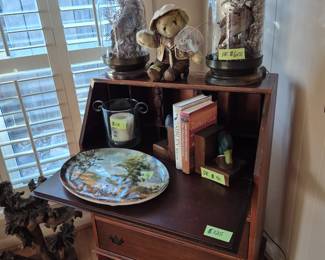 Small sectetary, pair of lamps with quail mounts under glass, hunting scene platter