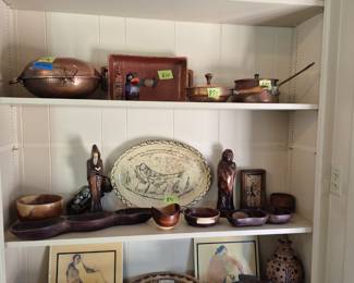 Gorman trivets, hand crafted wood bowls, mortar and pestle sets, copper sauce pans,Mexican pottery service ware, wood monk figurine,copper Japanese grill