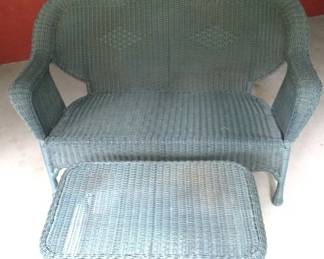 Green Wicker Love Seat & Side Table