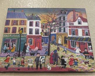 Folk Art Style Painting depicting a street scene in Paris Signed, Paris-96 