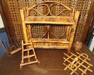Vintage Rattan Small Two Tier Shelf, Picture Stand & Wall Hook