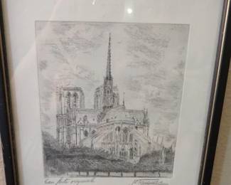 Signed Etching of Notre-Dame Cathedral in Paris, France 