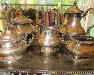 Vintage Silver-Plated Tea & Coffee Service Set & Serving Tray
