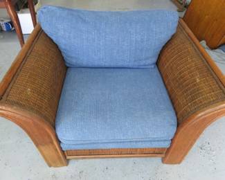 Wood /Wicker Armchair with Blue Cushions & Matching Lighthouse Design Ottoman
