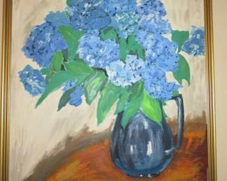 Vintage Hydrangeas Painting on Canvas Signed, L. Waters 