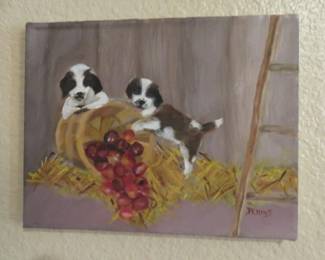 Small Oil Painting on Canvas Puppies Playing, Artist Signed